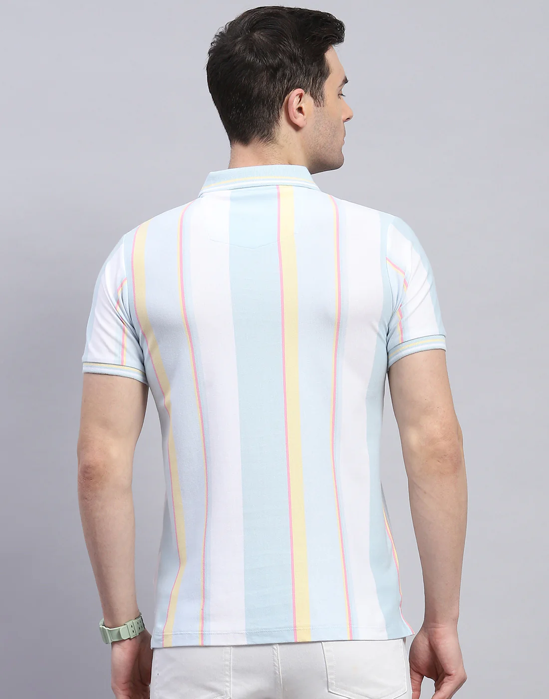Men Blue Stripe Polo Collar Half Sleeve T-Shirt - Image 5