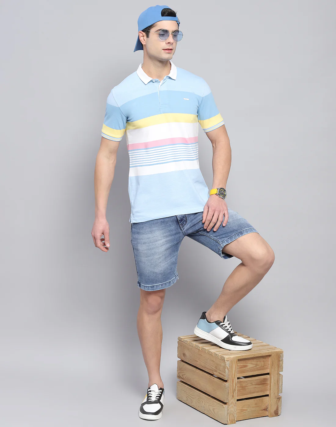 Men Blue Stripe Polo Collar Half Sleeve T-Shirt - Image 2