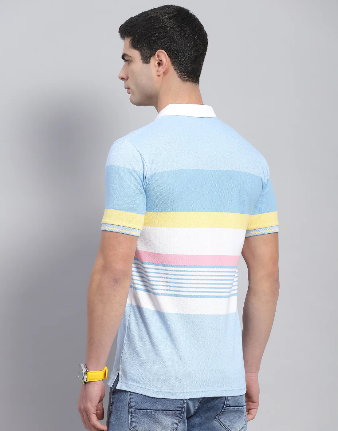 Men Blue Stripe Polo Collar Half Sleeve T-Shirt - Image 6