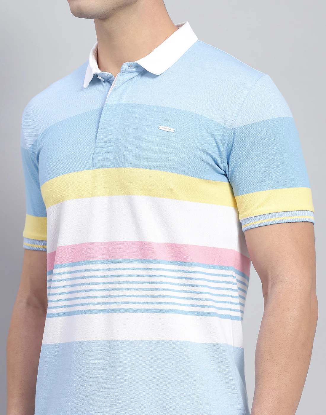 Men Blue Stripe Polo Collar Half Sleeve T-Shirt - Image 7