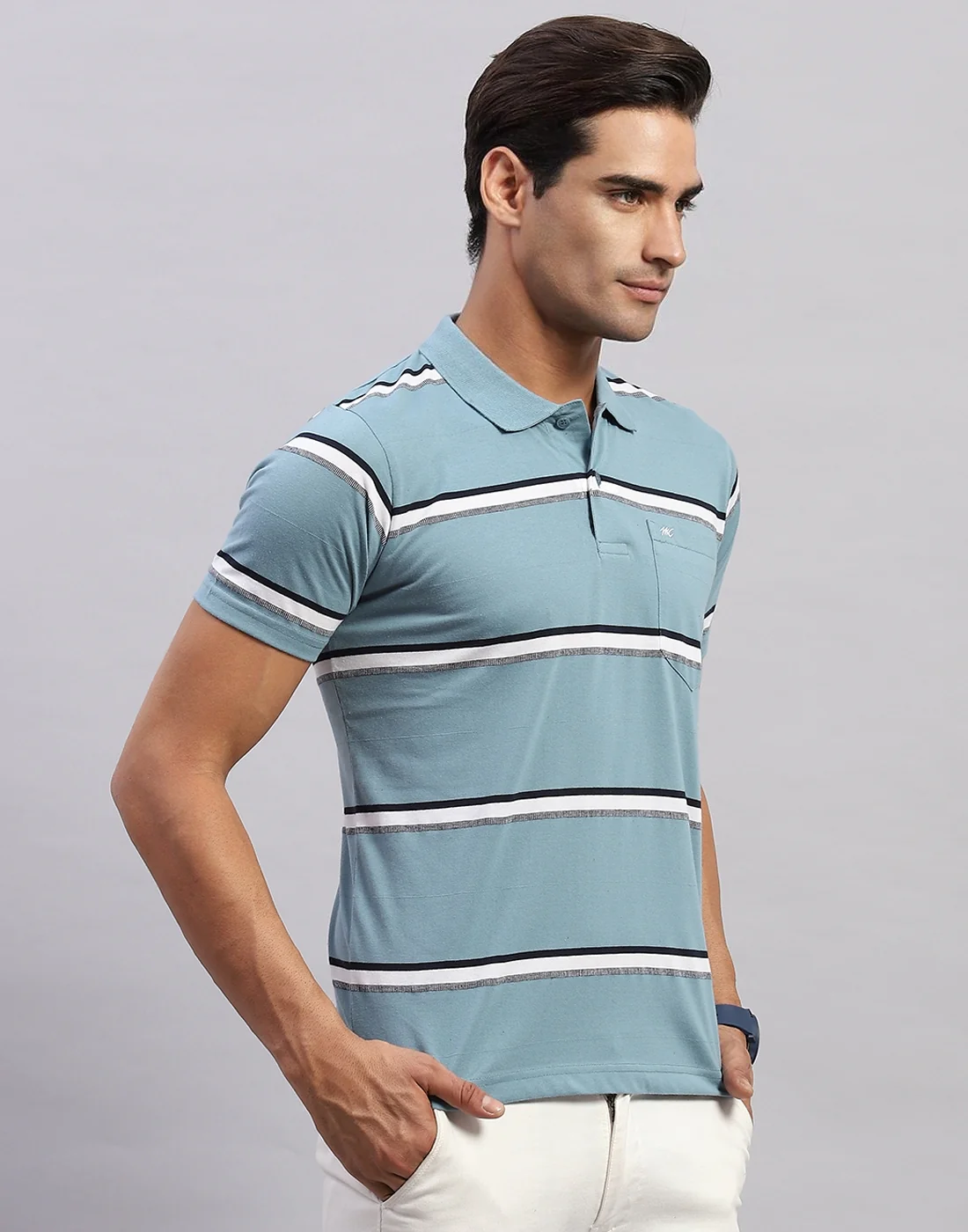 Men Blue Stripe Polo Collar Half Sleeve T-Shirt - Image 4