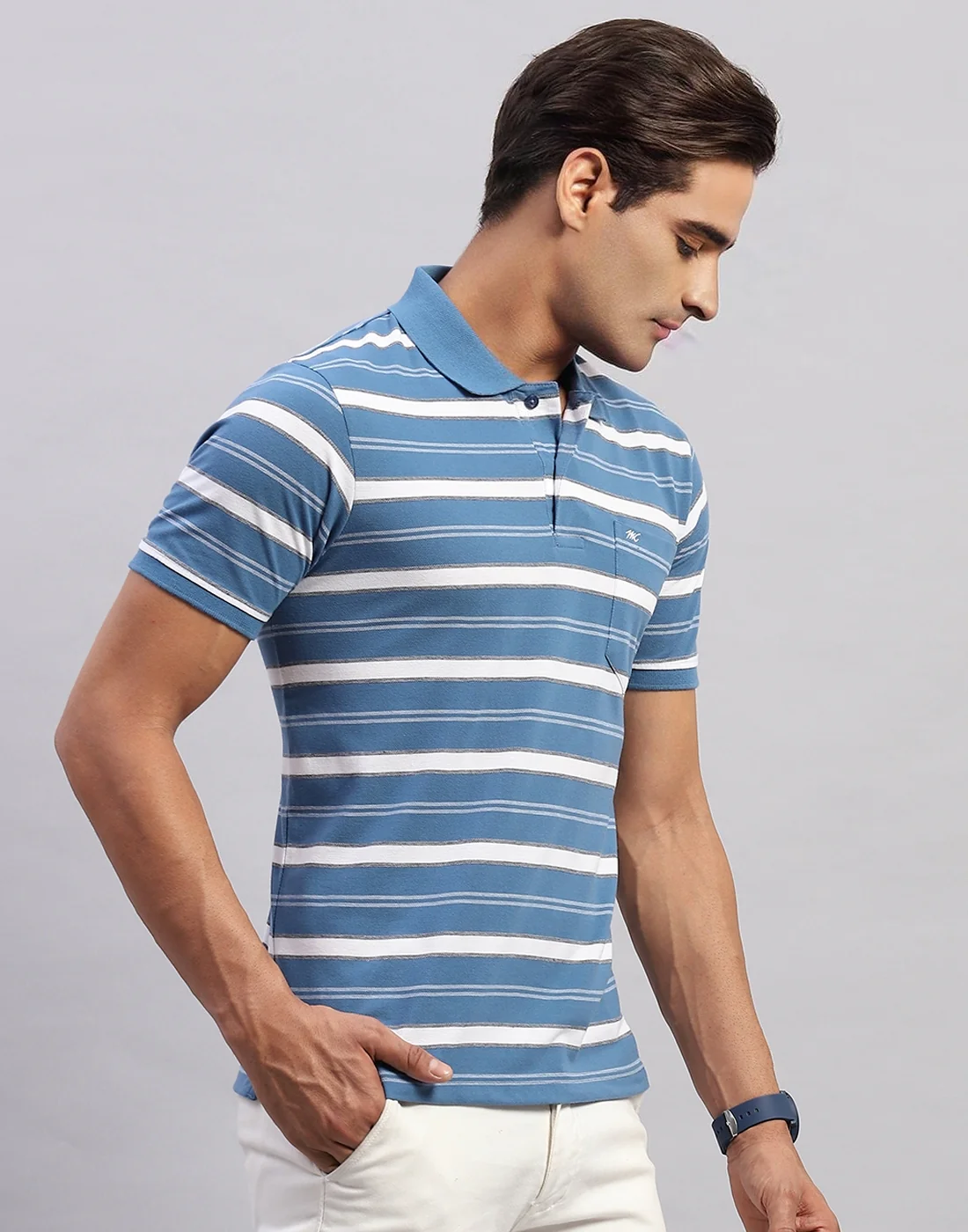 Men Blue Stripe Polo Collar Half Sleeve T-Shirt - Image 4
