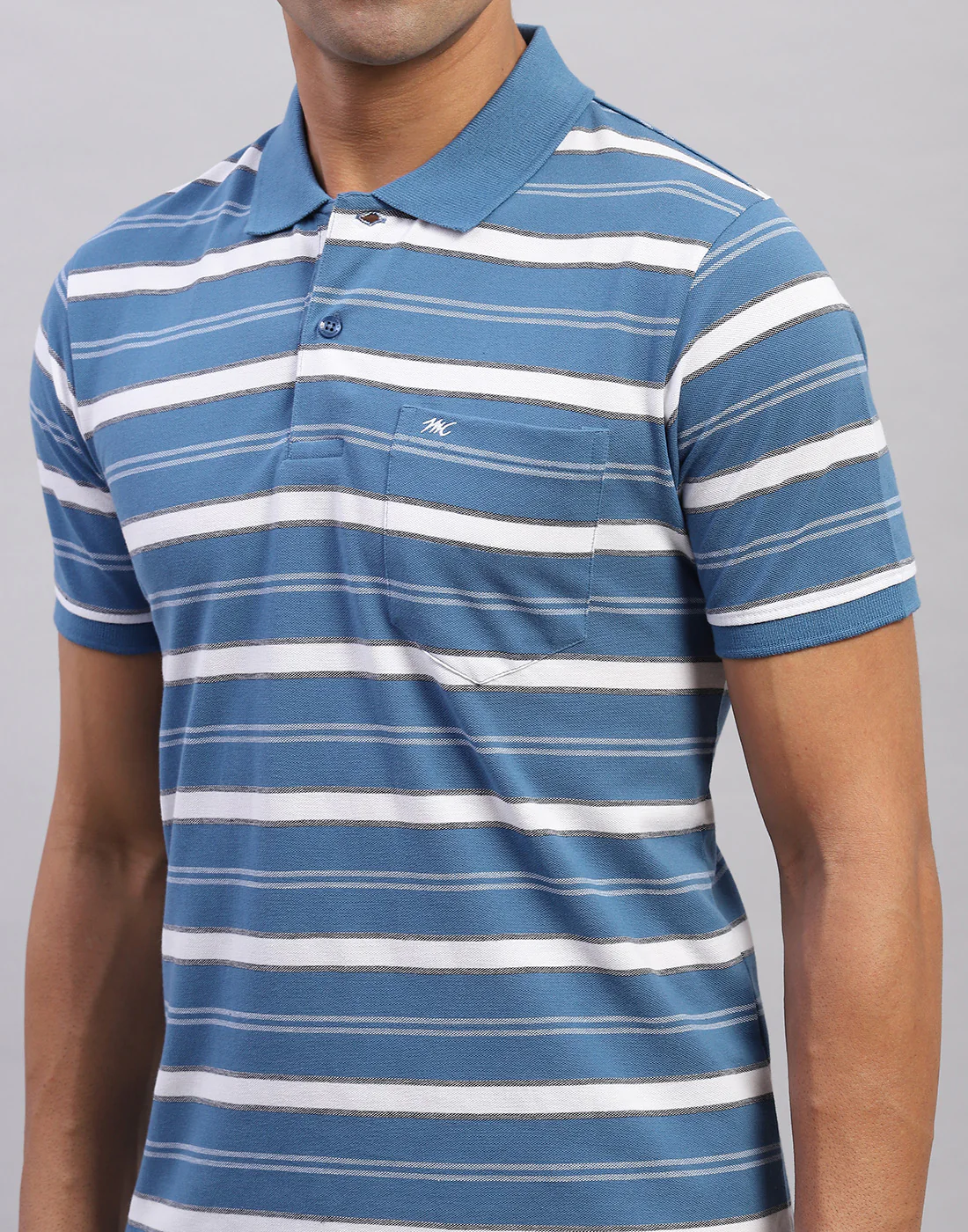Men Blue Stripe Polo Collar Half Sleeve T-Shirt - Image 6
