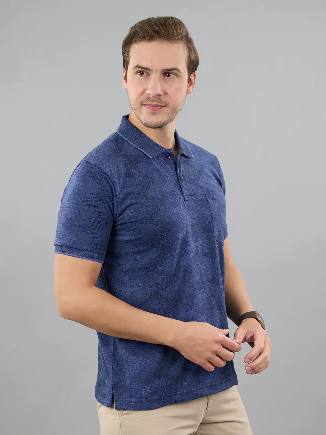 Men Blue Stripe Polo Collar Half Sleeve T-Shirt - Image 3