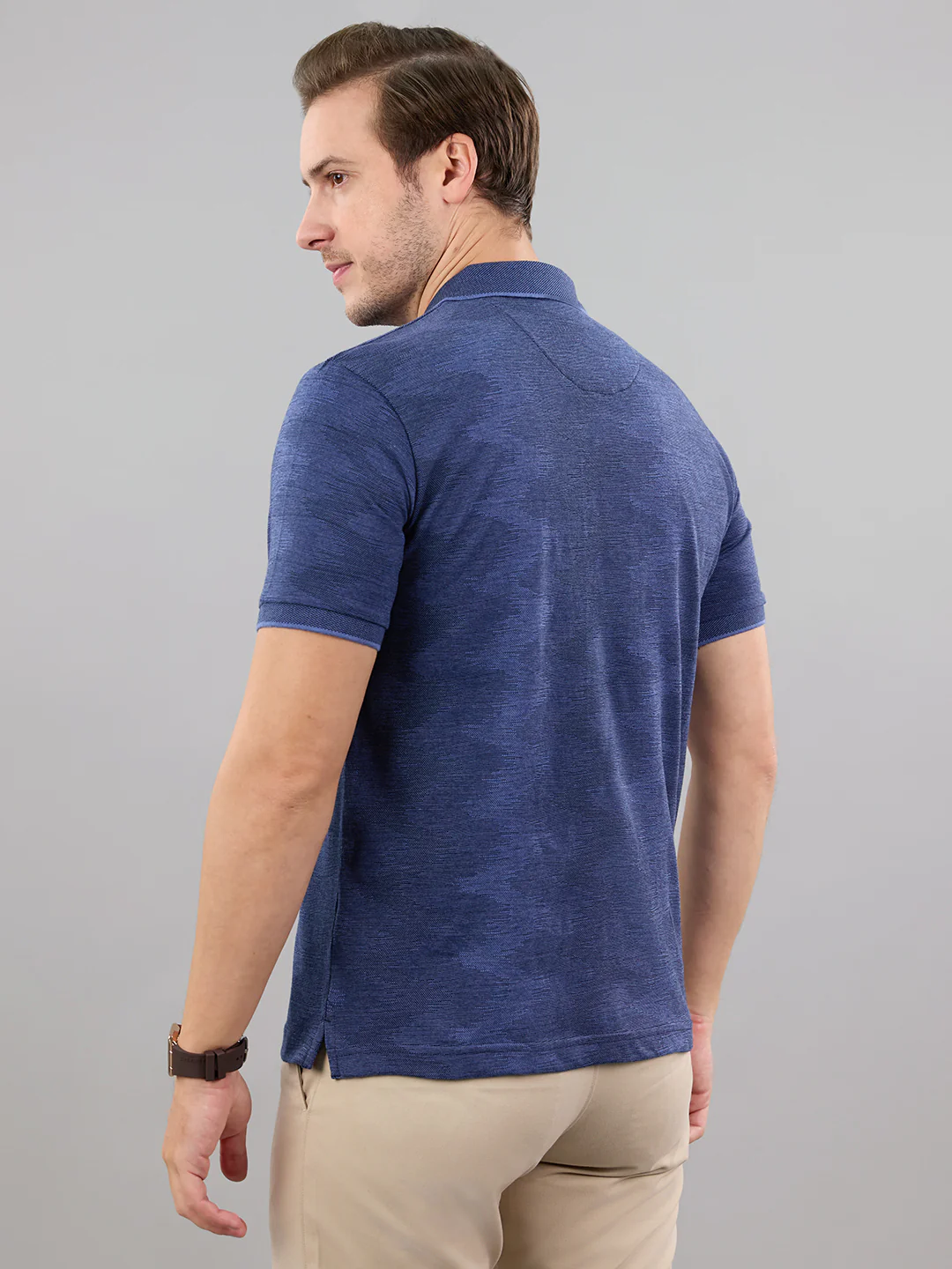 Men Blue Stripe Polo Collar Half Sleeve T-Shirt - Image 4