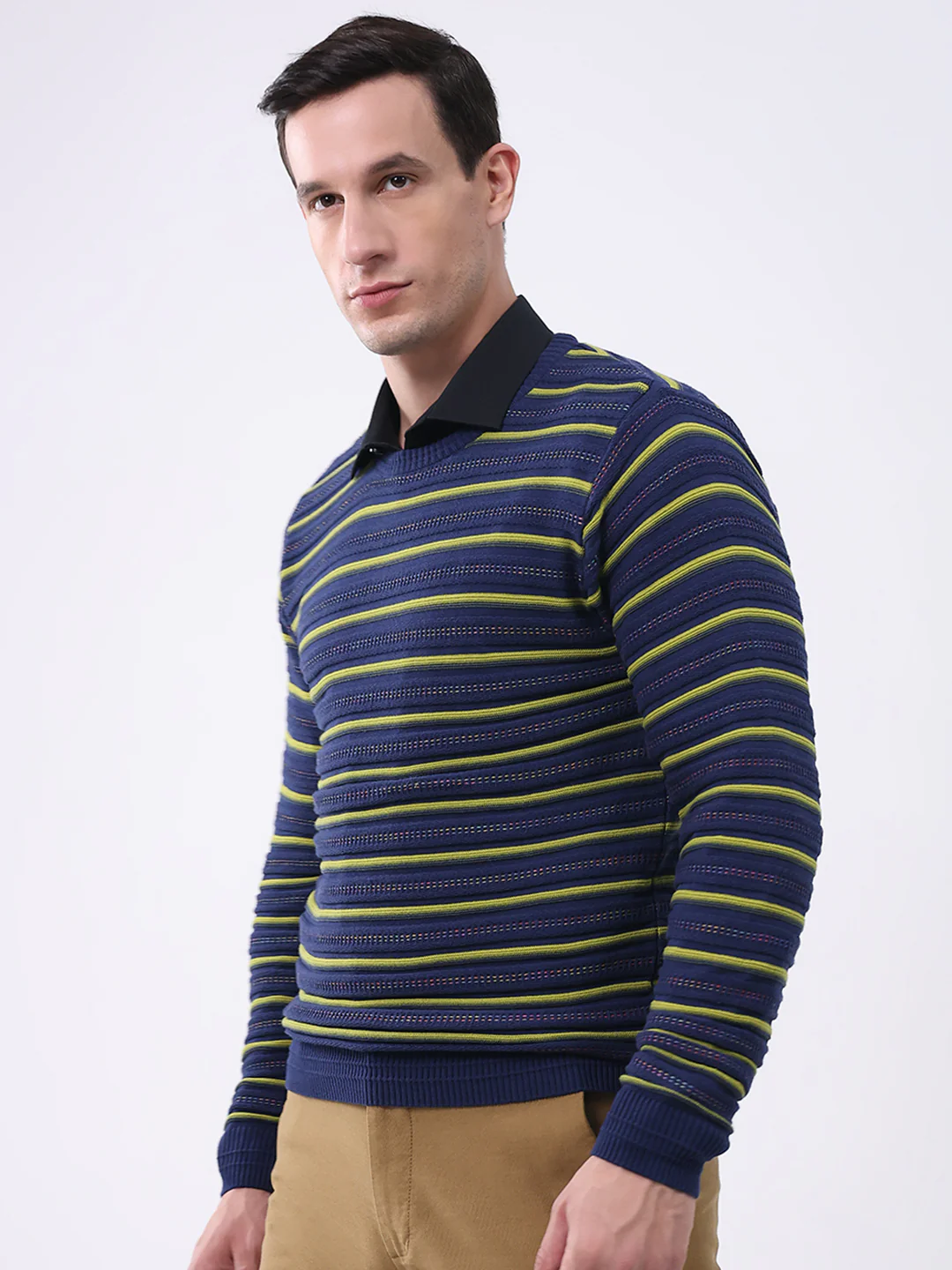 Men Blue Stripe Round Neck Full Sleeve Pullover - Image 3