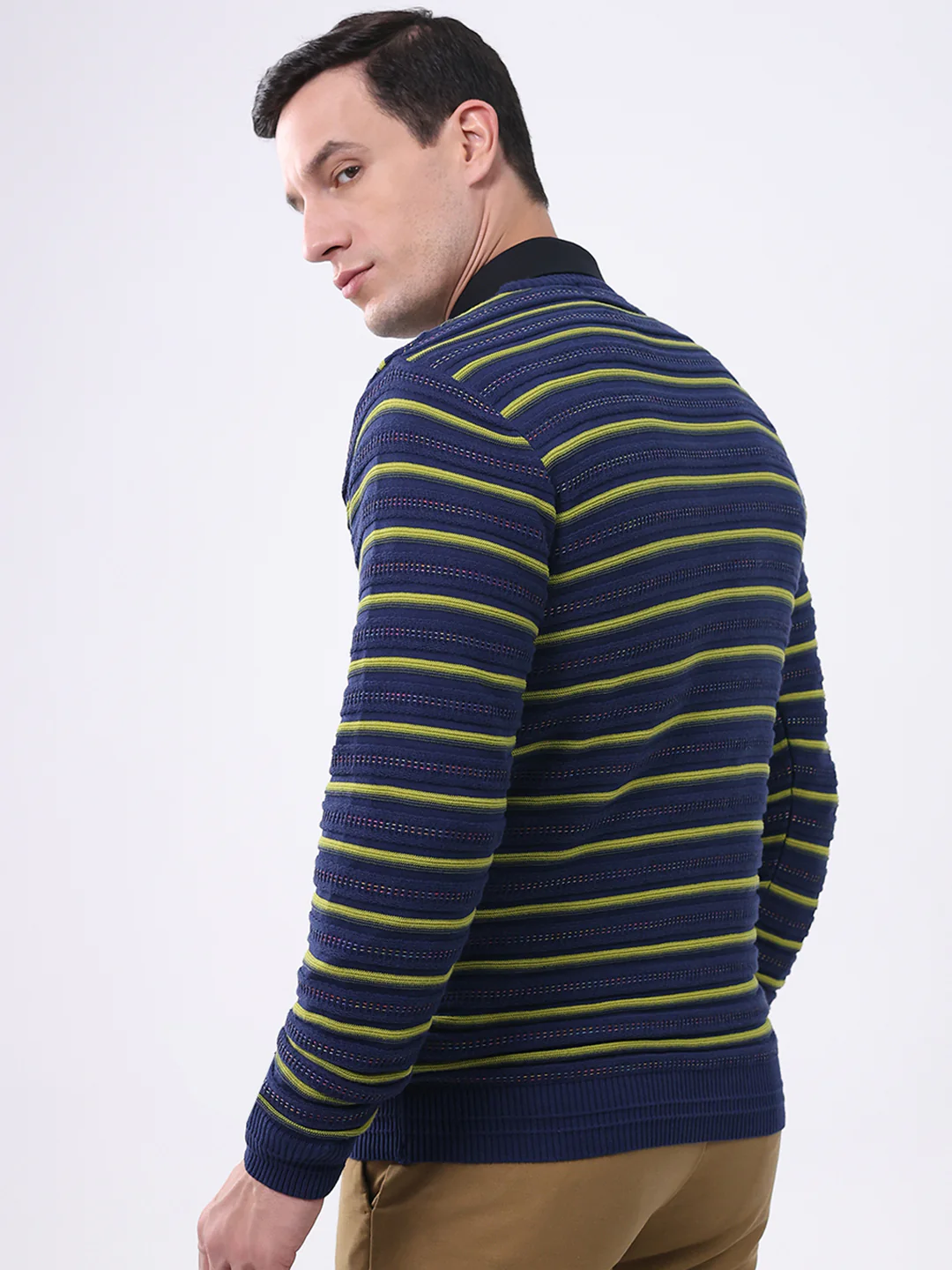 Men Blue Stripe Round Neck Full Sleeve Pullover - Image 5