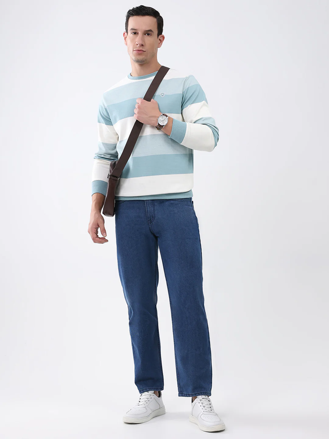 Men Blue Stripe Round Neck Full Sleeve Winter T-Shirt - Image 2