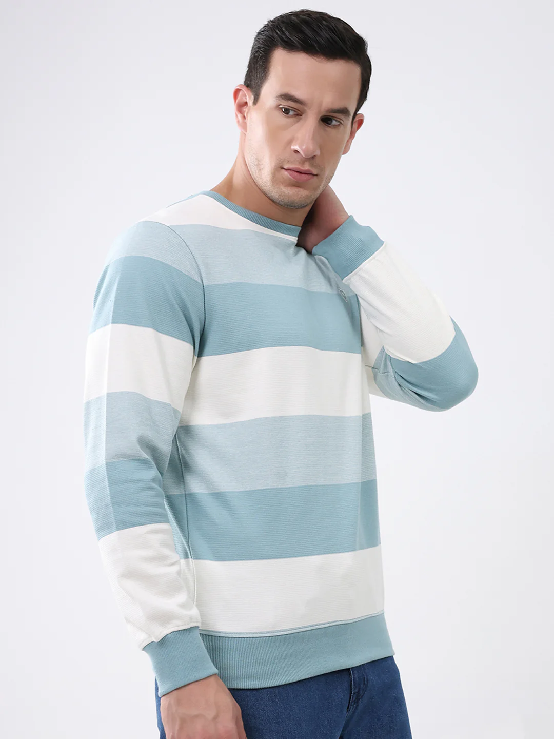Men Blue Stripe Round Neck Full Sleeve Winter T-Shirt - Image 4