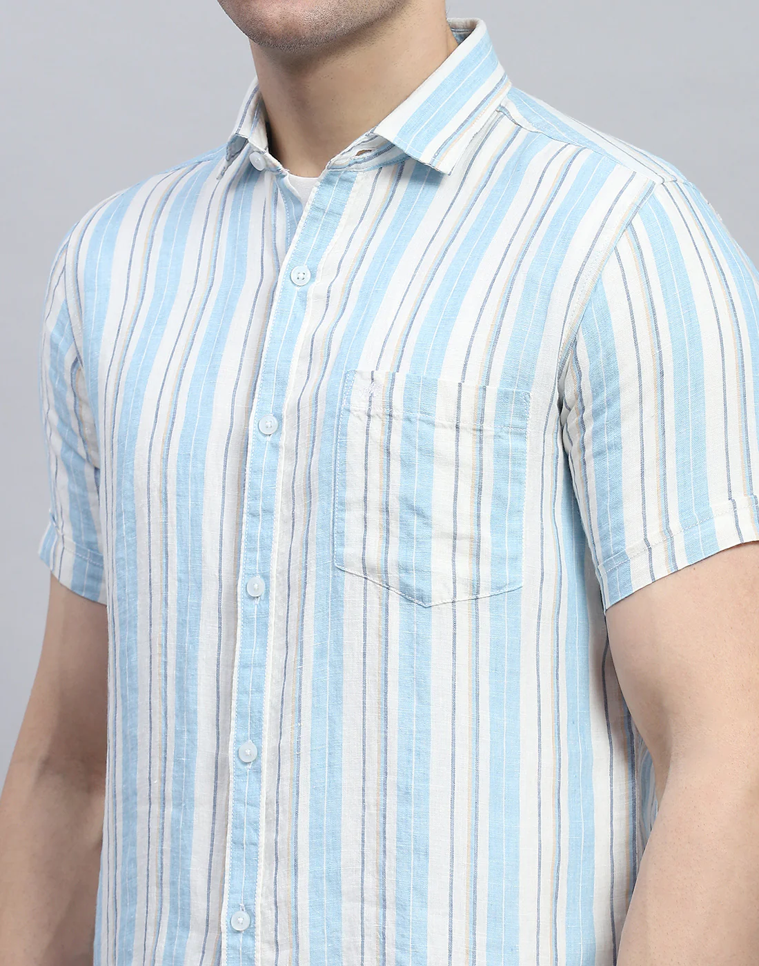 Men Blue Stripe Spread Collar Half Sleeve Linen Shirt - Image 7