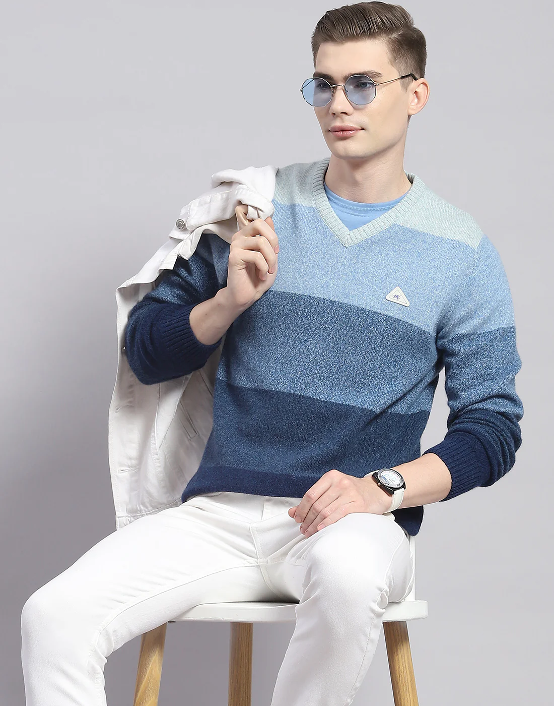 Men Blue Stripe V Neck Full Sleeve Pullover - Image 6