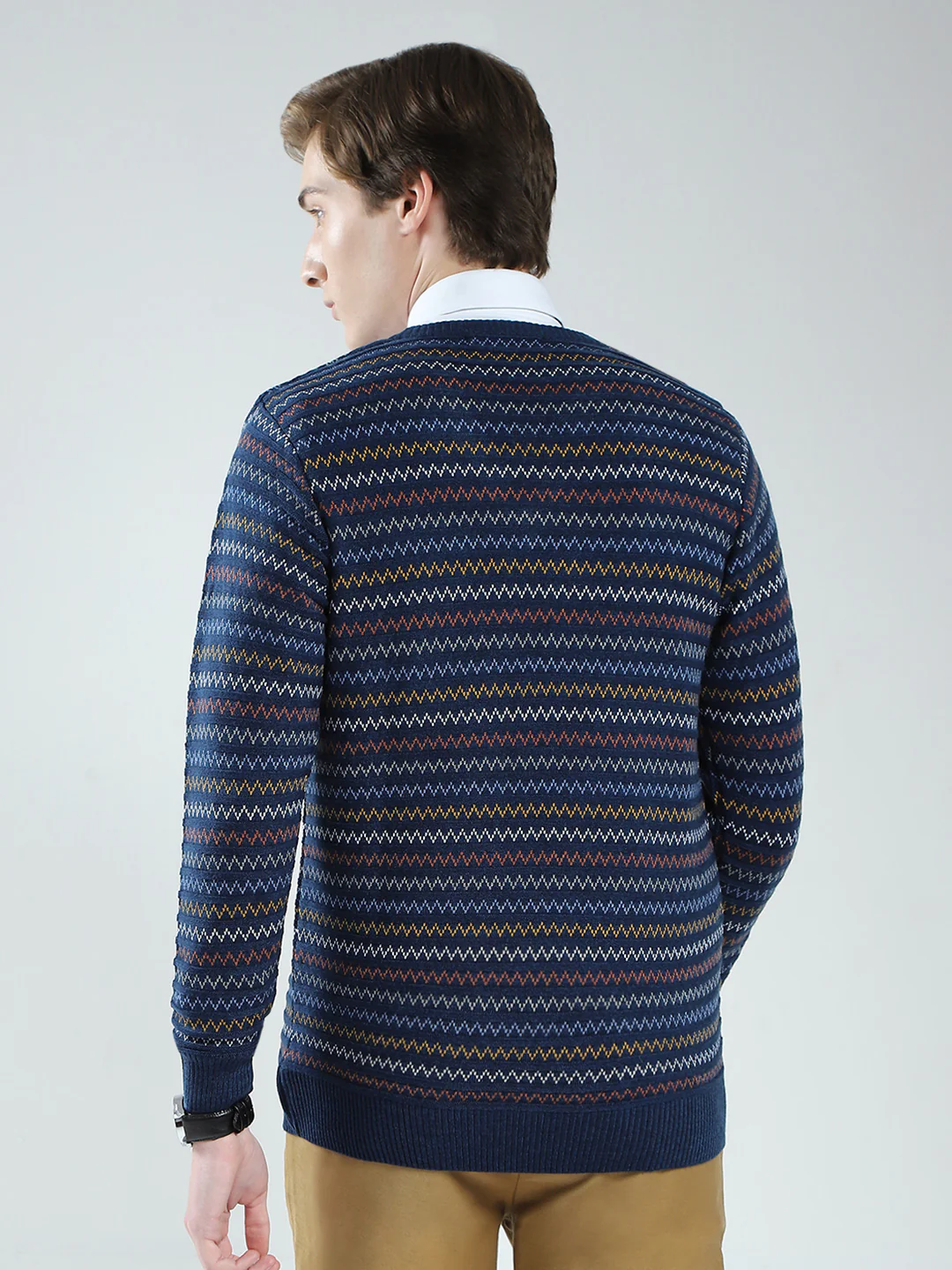 Men Blue Stripe V Neck Full Sleeve Pullover - Image 5