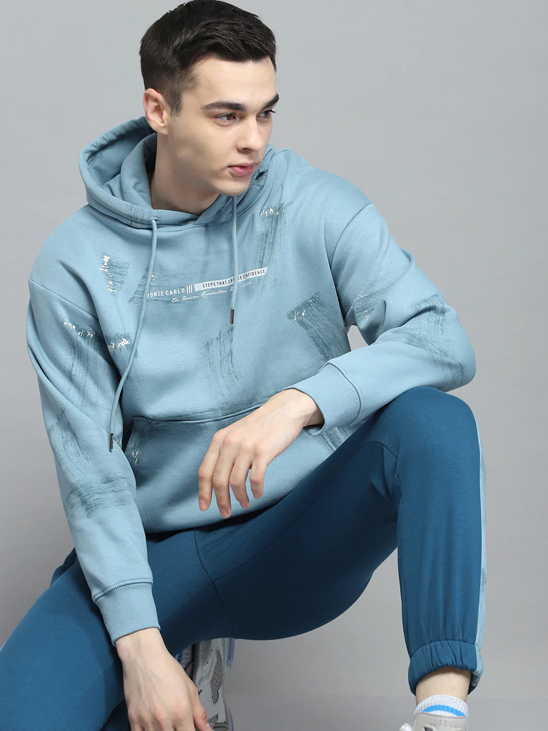 Men Blue & Teal Blue Printed Hooded Full Sleeve Winter Tracksuit - Image 6