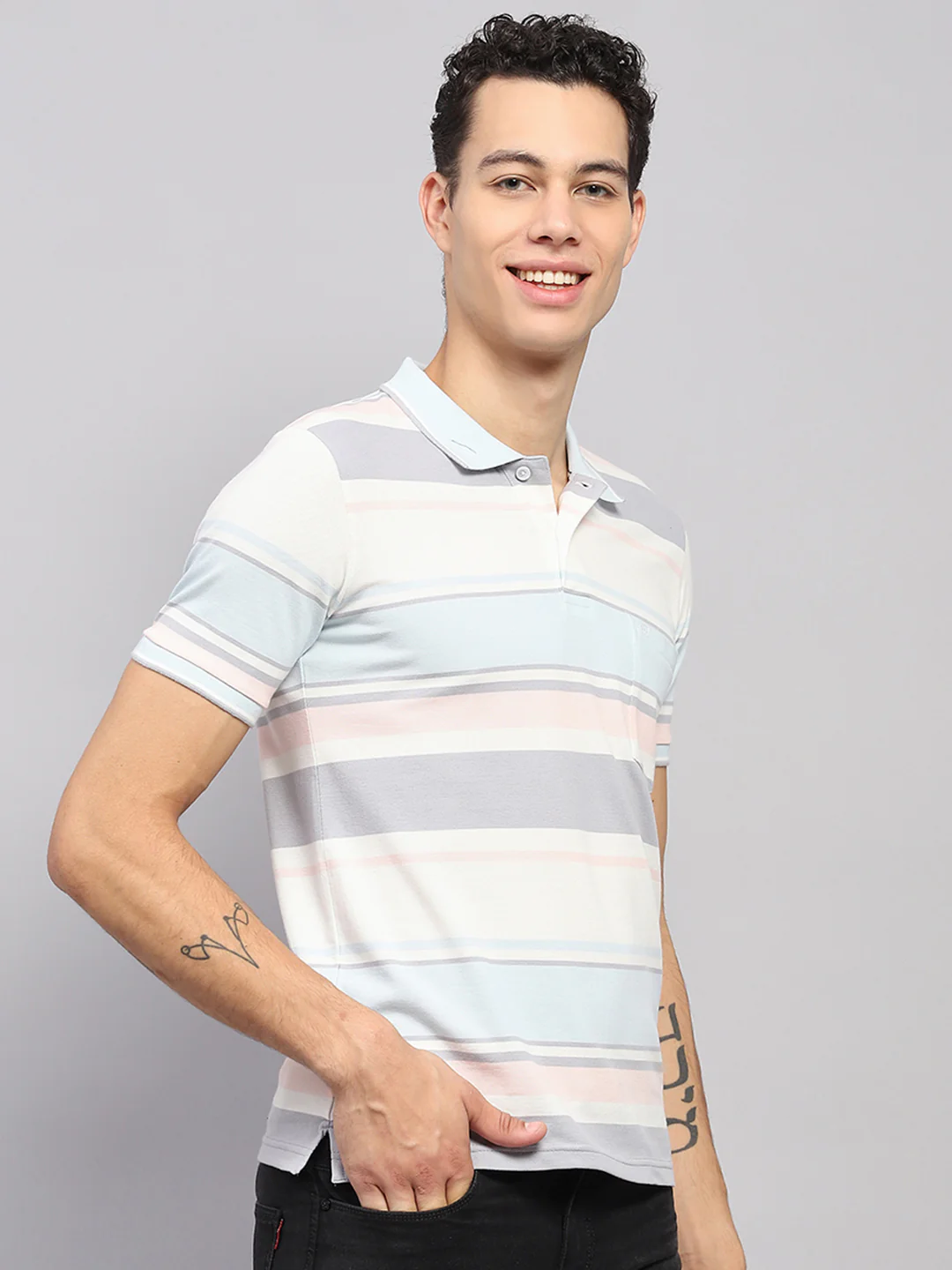 Men Blue & White Stripe Collar Half Sleeve T-Shirt - Image 4