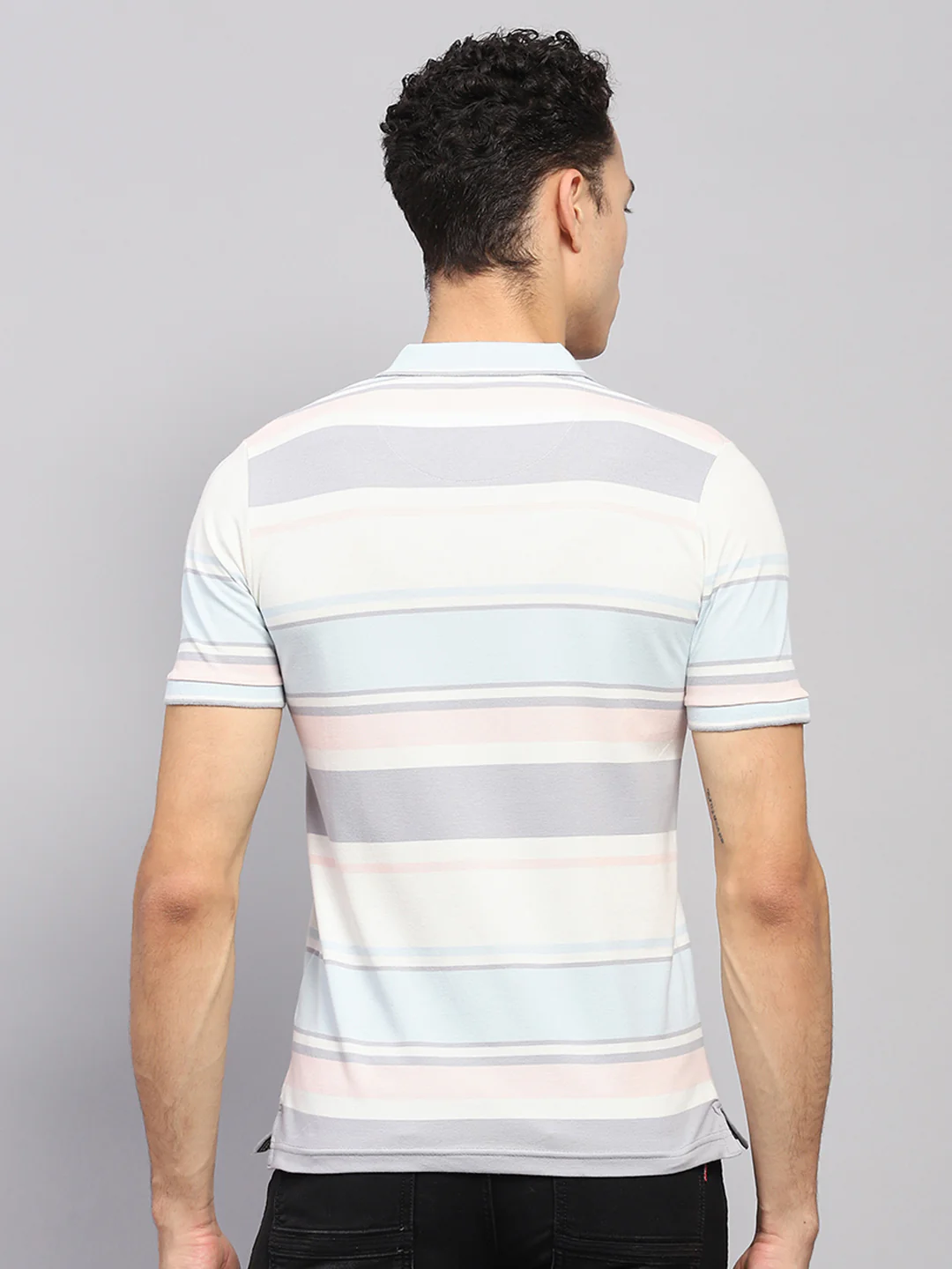 Men Blue & White Stripe Collar Half Sleeve T-Shirt - Image 5
