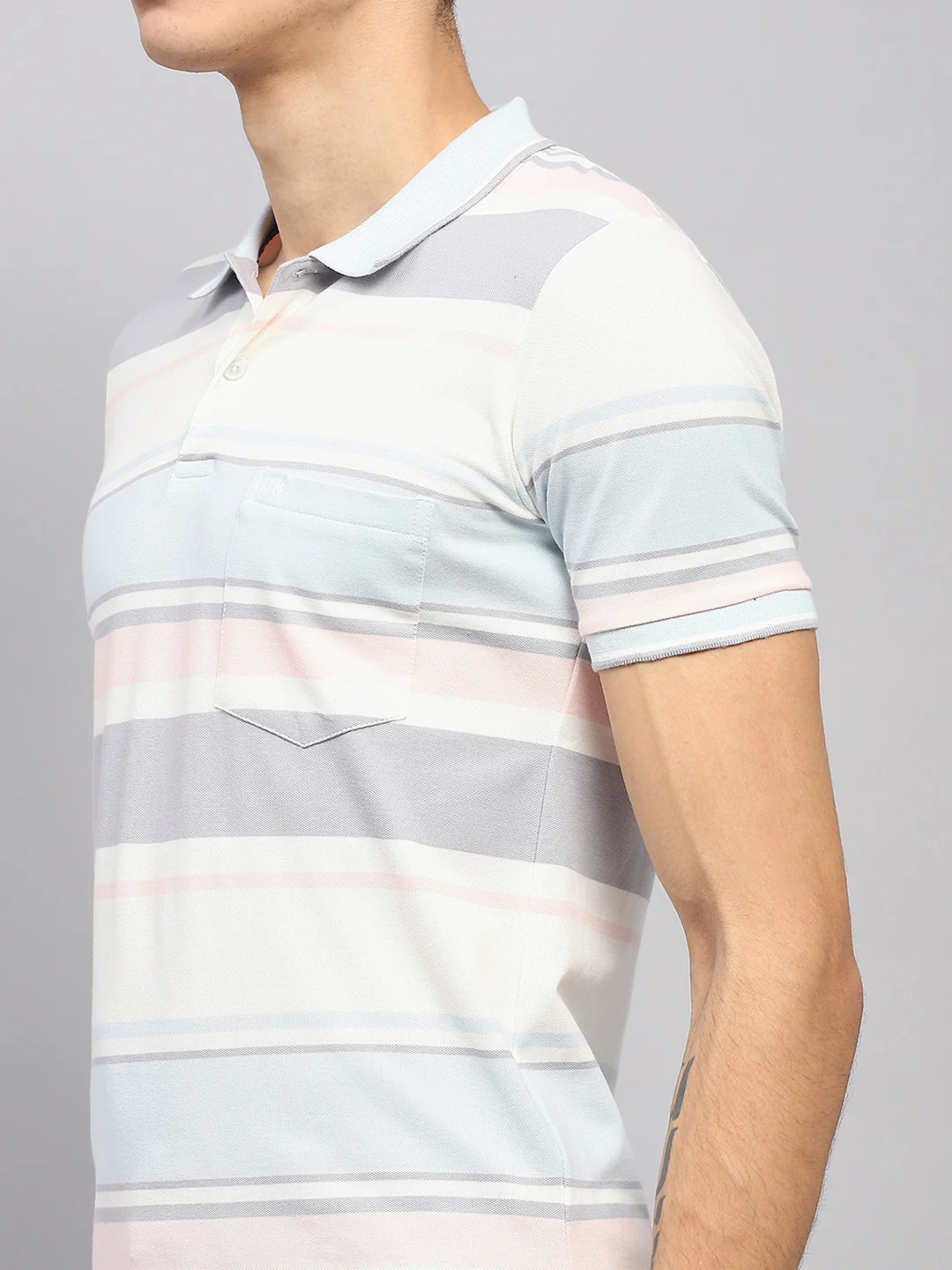 Men Blue & White Stripe Collar Half Sleeve T-Shirt - Image 6