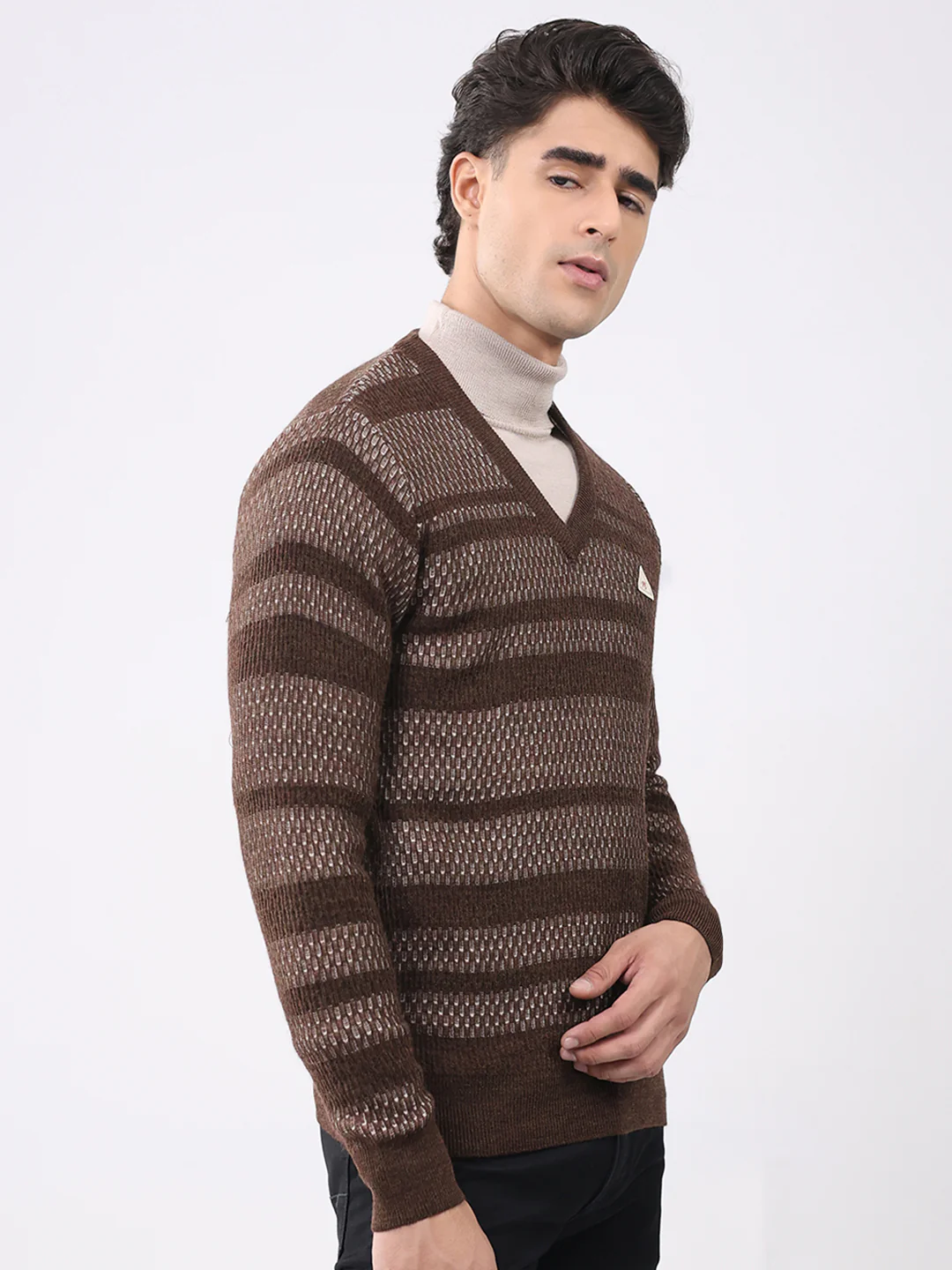 Men Brown Abstract V Neck Full Sleeve Pullover - Image 4