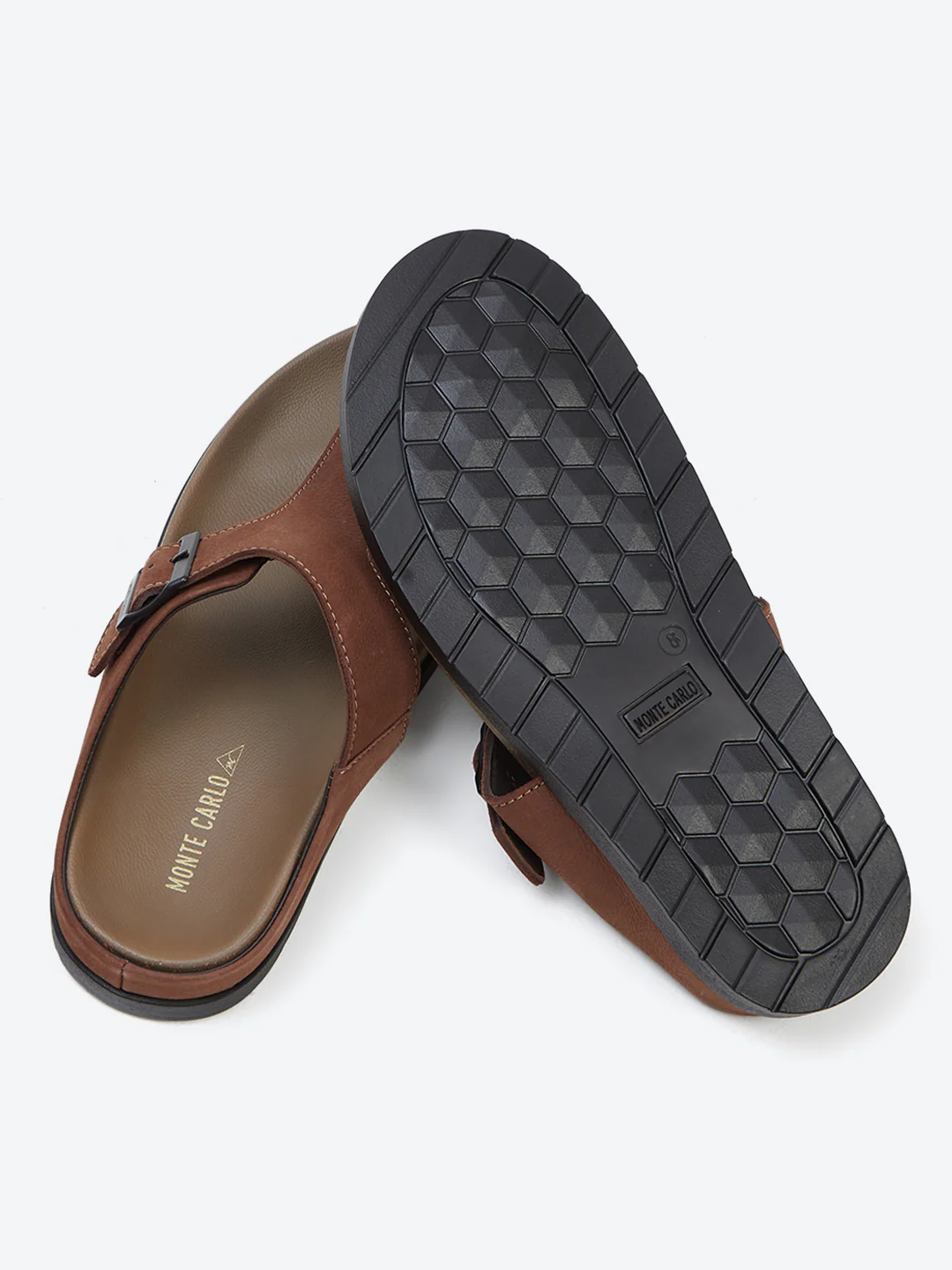 Men Brown Buckle Design Leather Slipper - Image 9