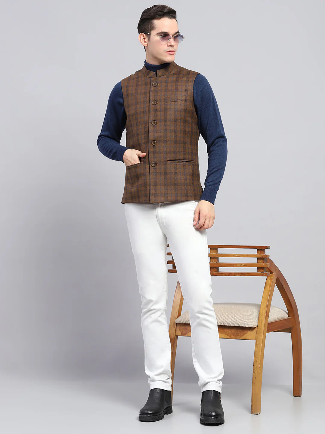 Men Brown Check Band Collar Sleeveless Jacket - Image 2