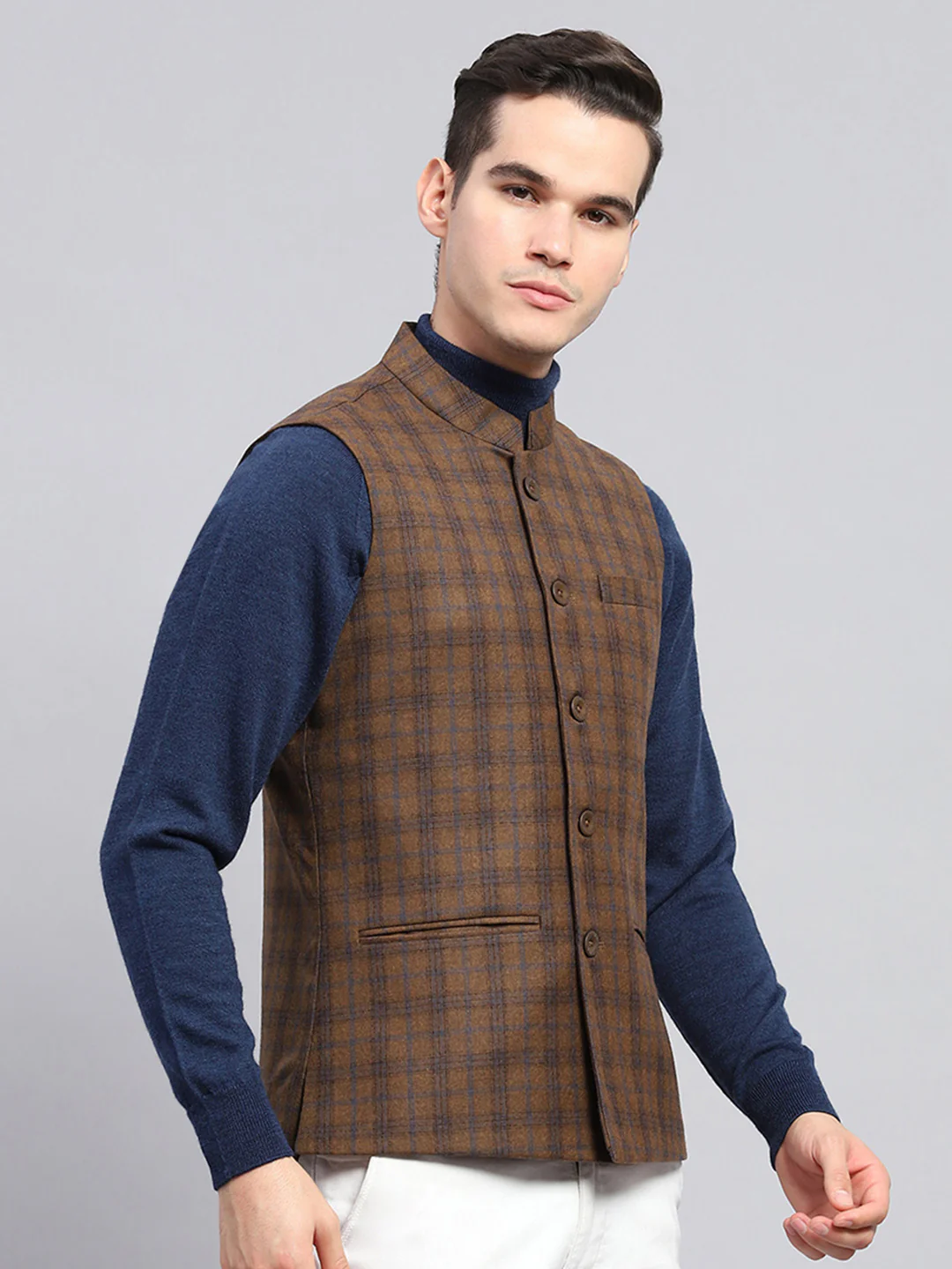 Men Brown Check Band Collar Sleeveless Jacket - Image 4