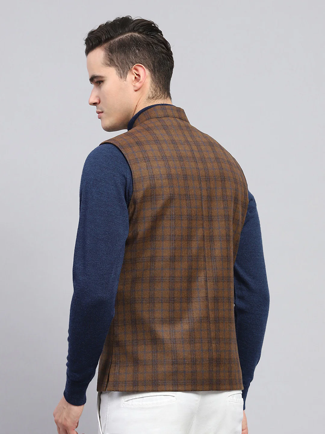 Men Brown Check Band Collar Sleeveless Jacket - Image 5
