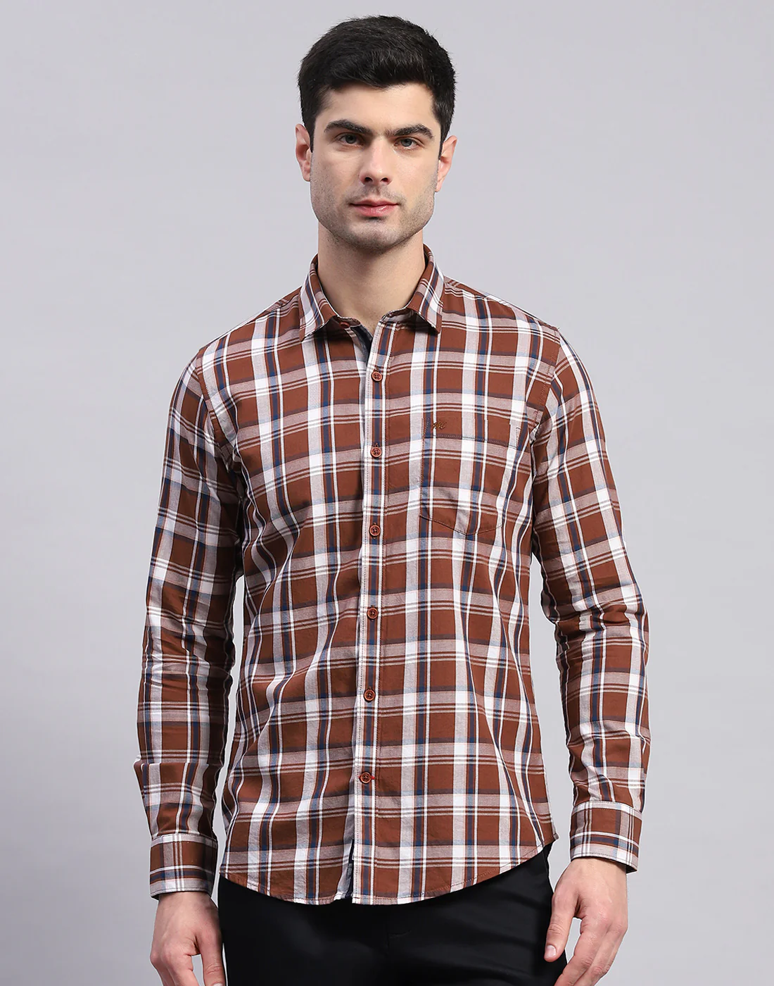 Men Brown Check Collar Full Sleeve Shirt - Image 3