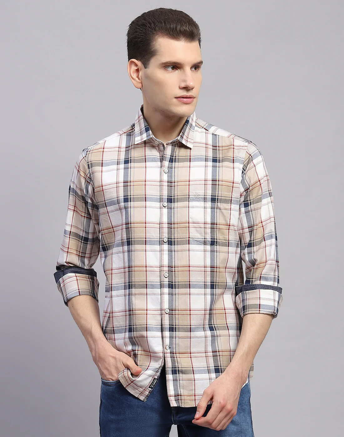 Men Brown Check Collar Full Sleeve Shirt - Image 2