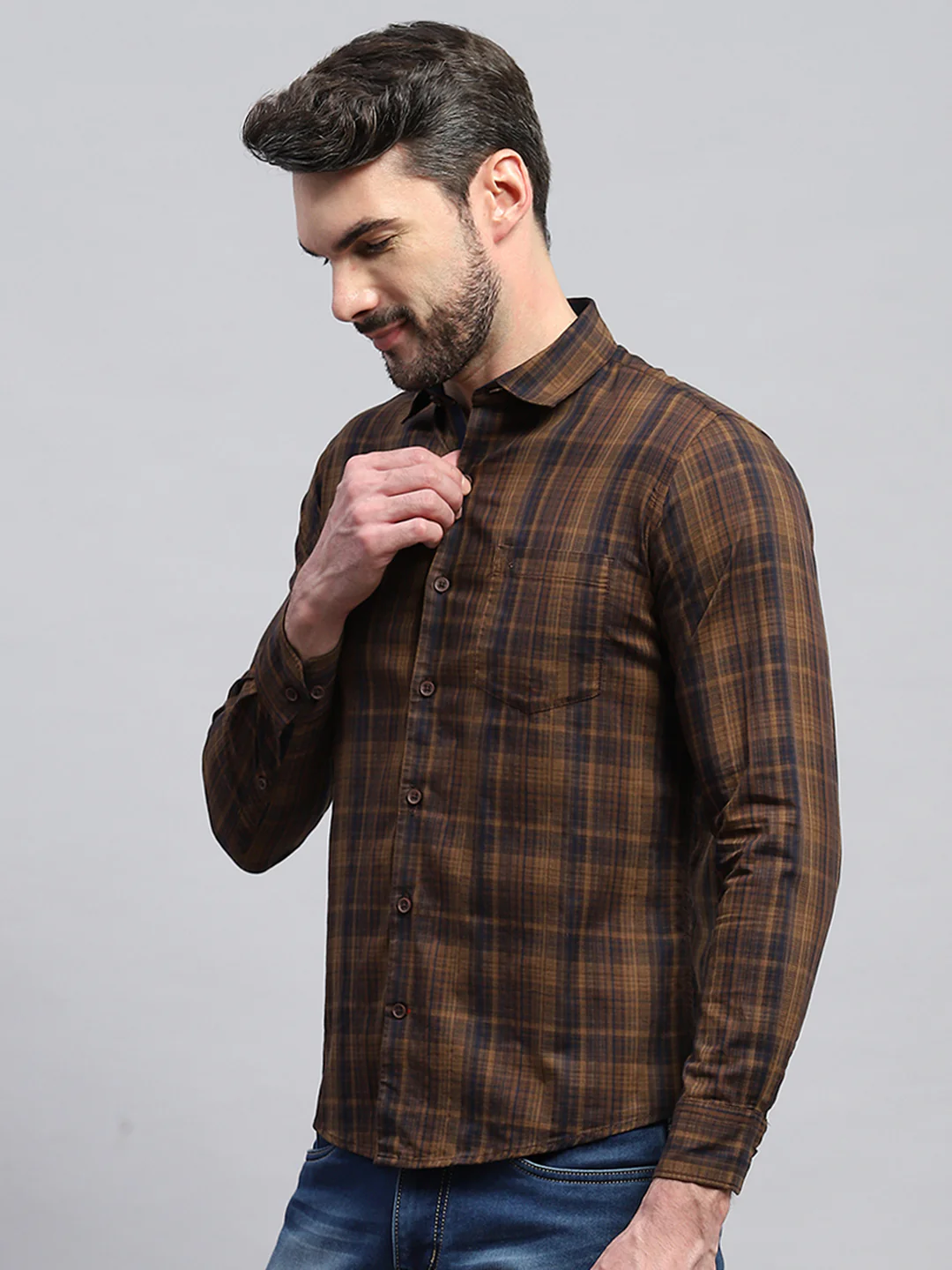 Men Brown Check Collar Full Sleeve Shirt - Image 3
