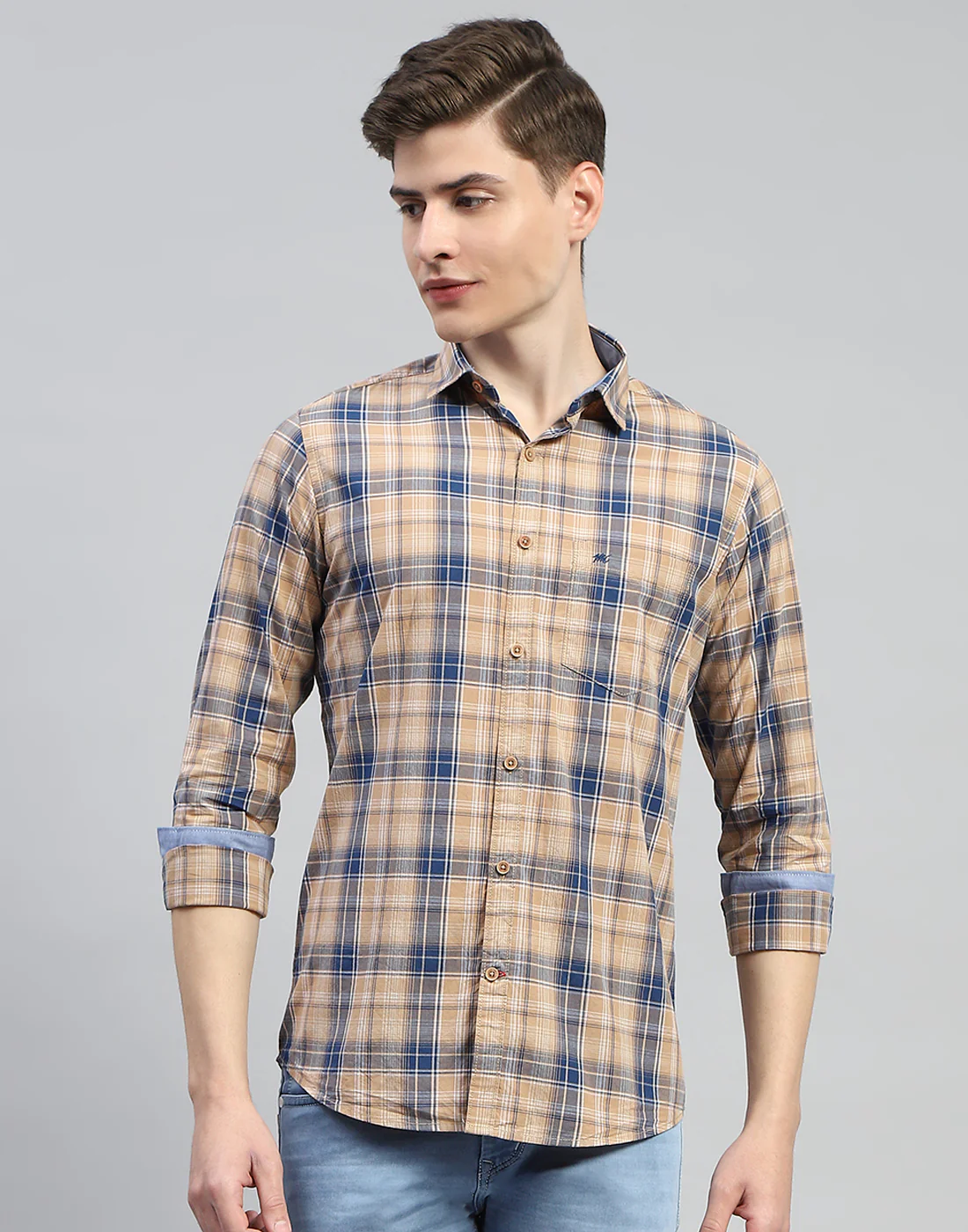 Men Brown Check Collar Full Sleeve Shirt - Image 3
