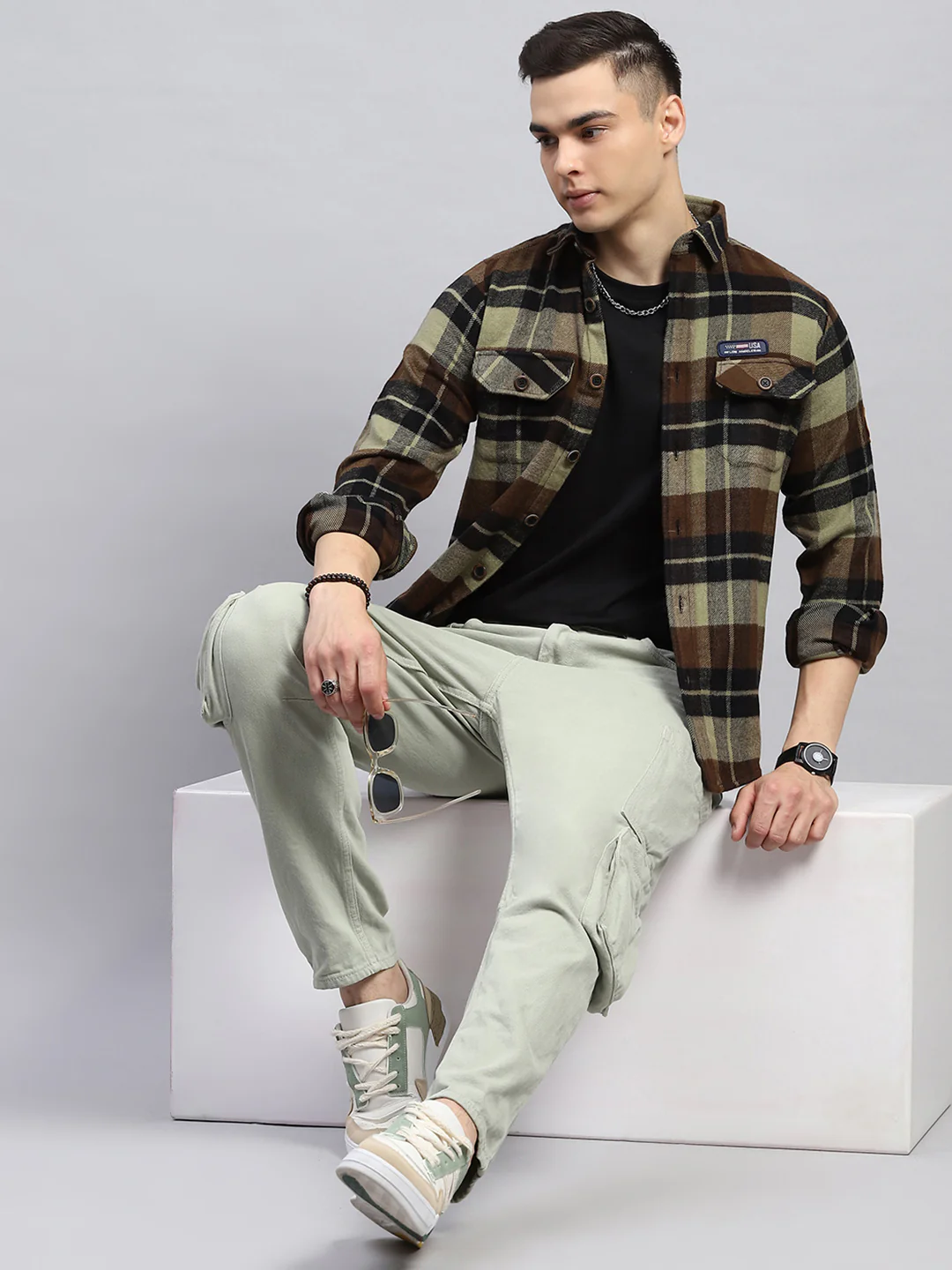 Men Brown Check Collar Full Sleeve Shirt - Image 2