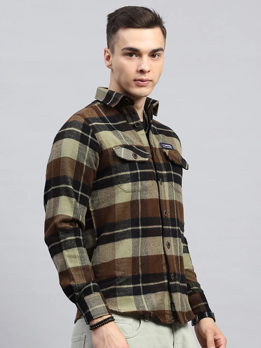 Men Brown Check Collar Full Sleeve Shirt - Image 4