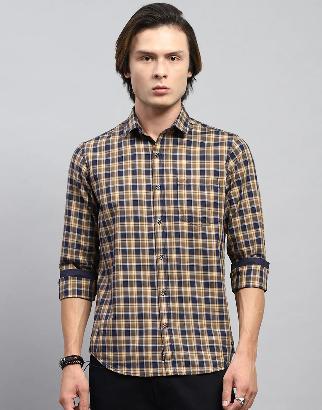 Men Brown Check Collar Full Sleeve Shirt - Image 2