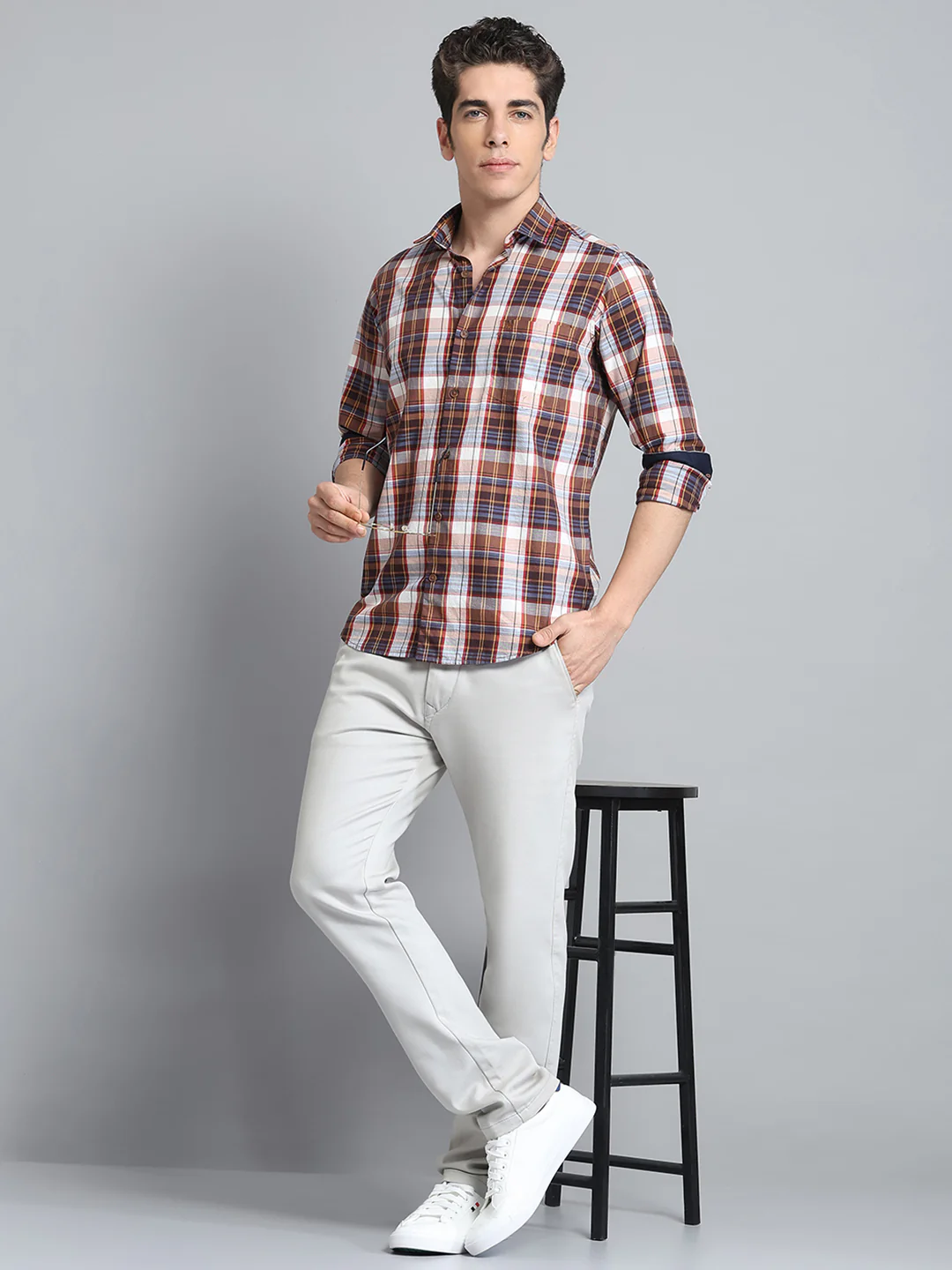Men Brown Check Collar Full Sleeve Shirt - Image 2