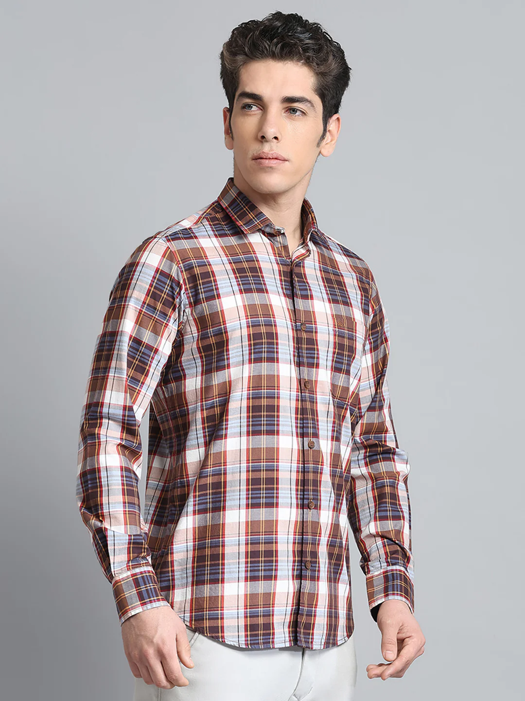 Men Brown Check Collar Full Sleeve Shirt - Image 4