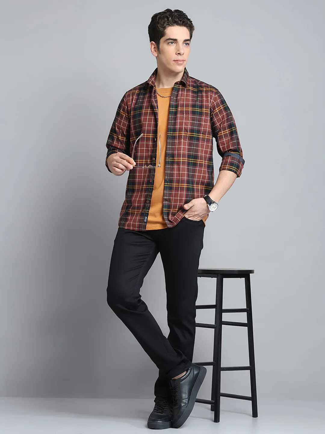 Men Brown Check Collar Full Sleeve Shirt - Image 2