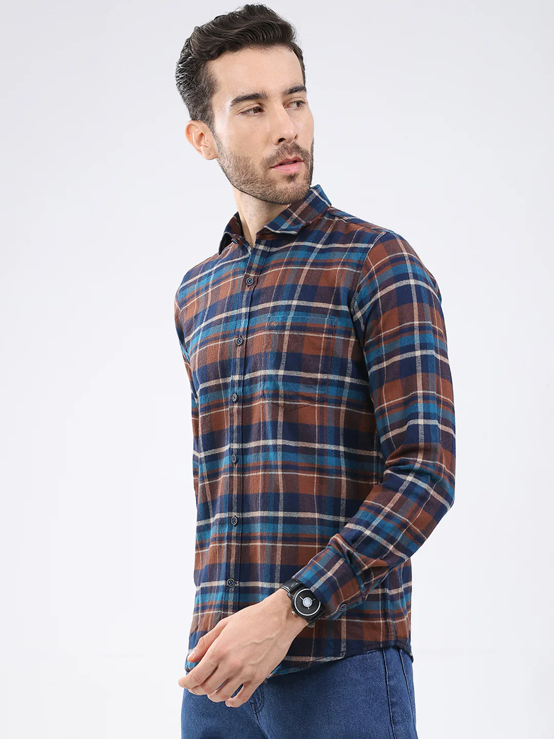Men Brown Check Collar Full Sleeve Shirt - Image 3