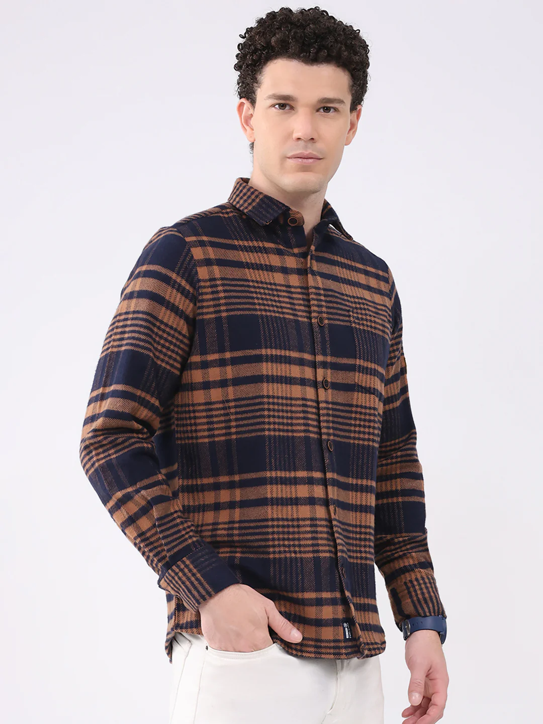 Men Brown Check Collar Full Sleeve Shirt - Image 4