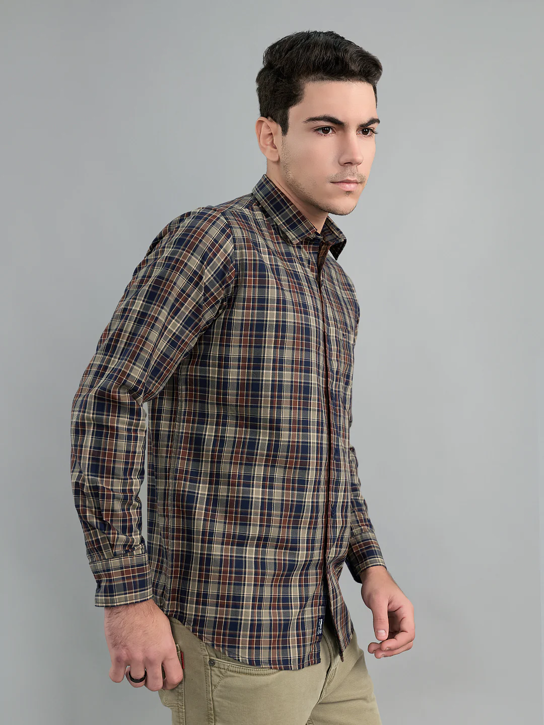 Men Brown Check Collar Full Sleeve Shirt - Image 2