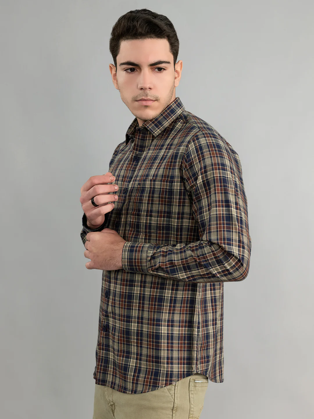 Men Brown Check Collar Full Sleeve Shirt - Image 3