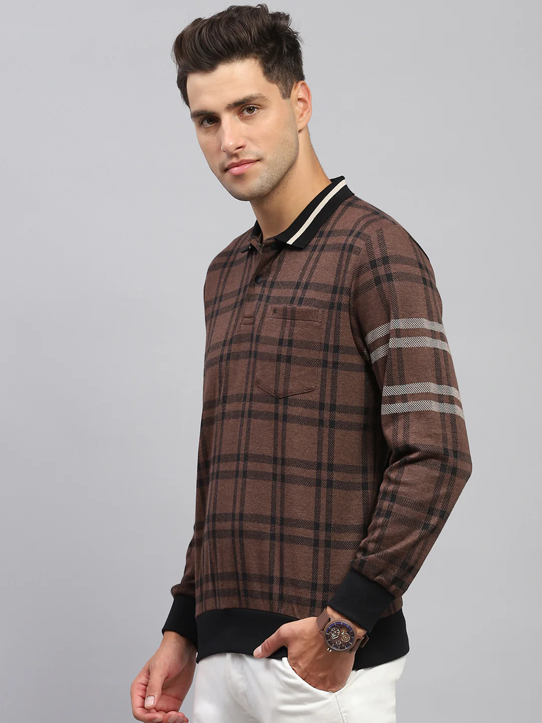 Men Brown Check Collar Full Sleeve Winter T-Shirt - Image 3