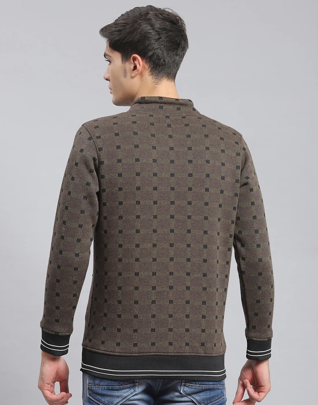 Men Brown Check F Neck Full Sleeve Sweatshirt - Image 6