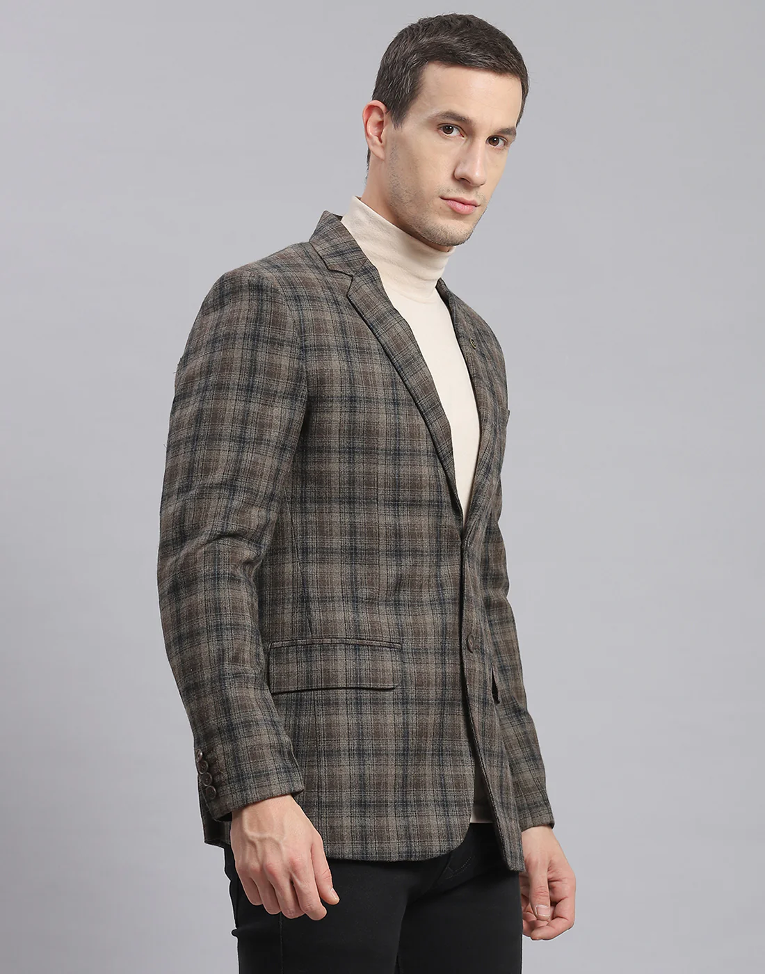 Men Brown Check Lapel Collar Full Sleeve Coat - Image 4