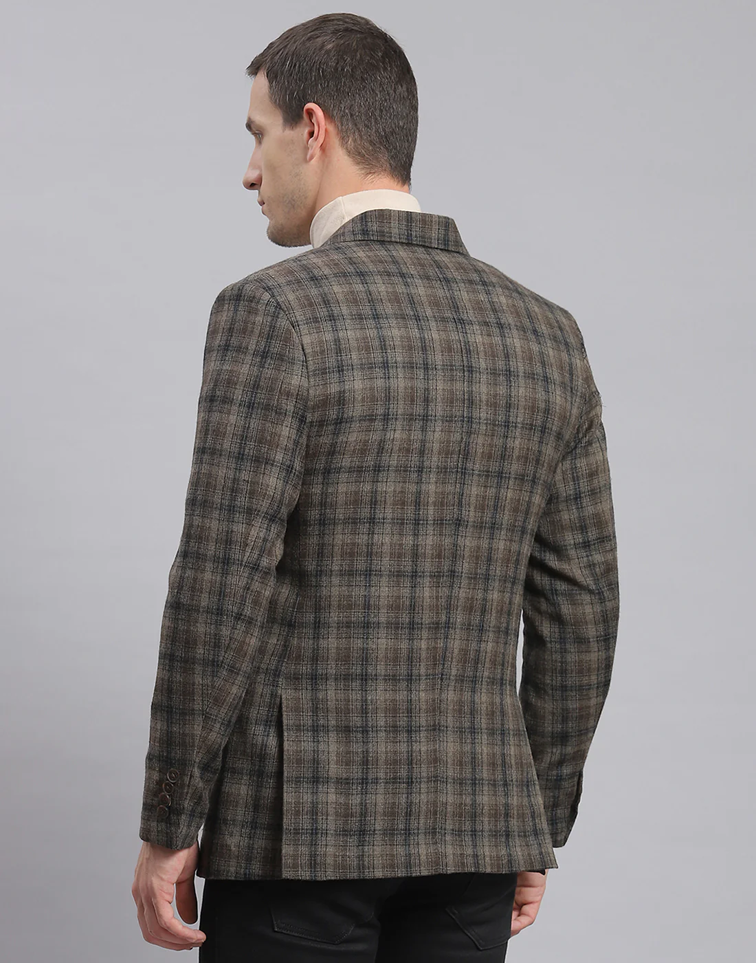 Men Brown Check Lapel Collar Full Sleeve Coat - Image 6
