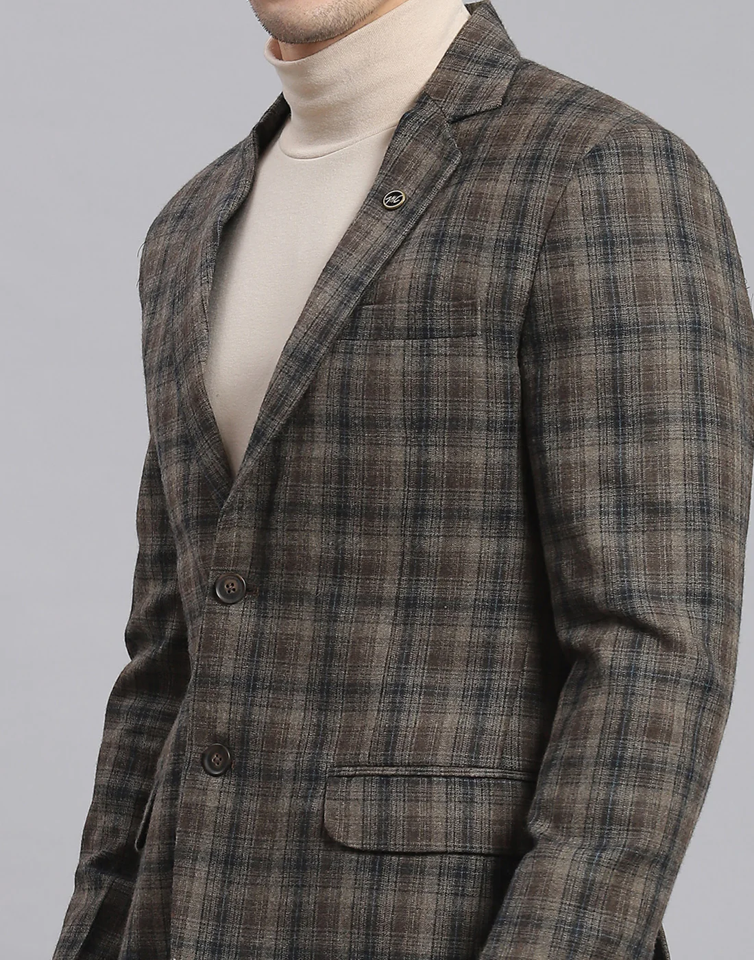 Men Brown Check Lapel Collar Full Sleeve Coat - Image 7