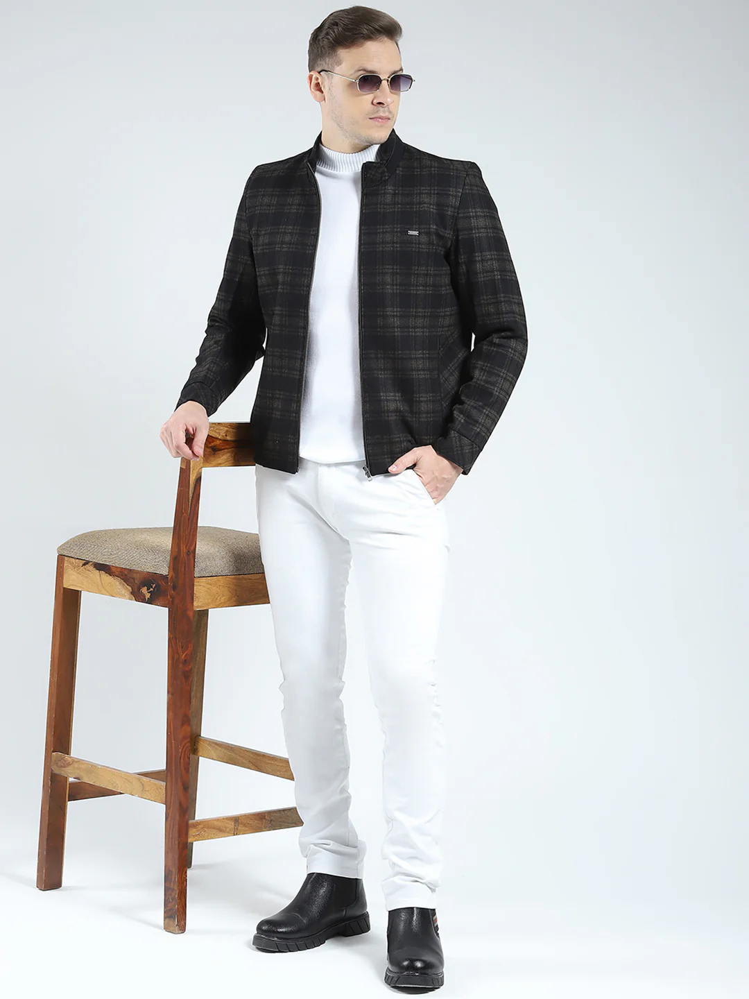 Men Brown Check Mock Neck Full Sleeve Coat - Image 2