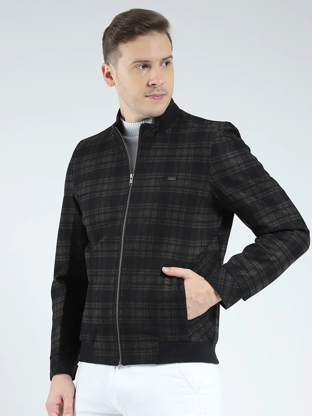 Men Brown Check Mock Neck Full Sleeve Coat - Image 3