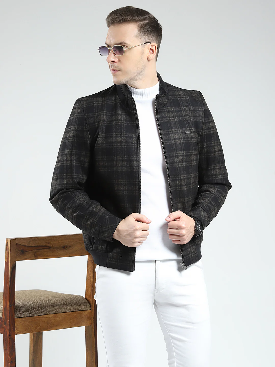 Men Brown Check Mock Neck Full Sleeve Coat - Image 6