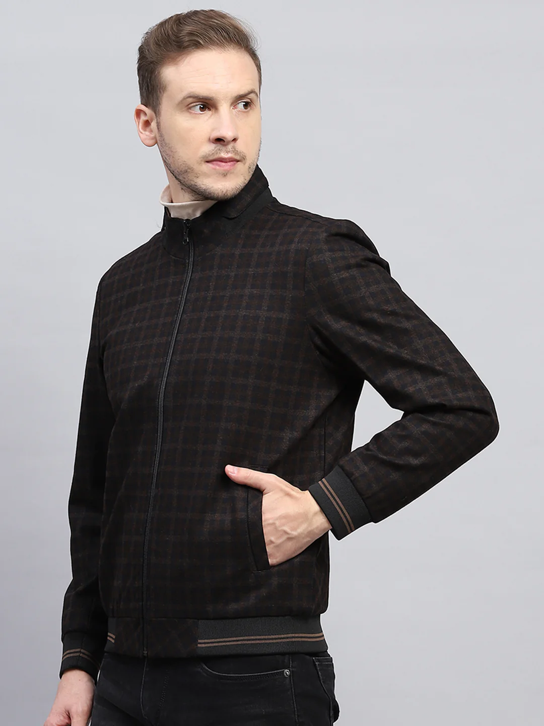 Men Brown Check Mock Neck Full Sleeve Jacket - Image 3