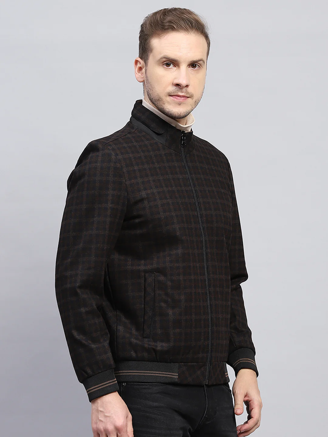 Men Brown Check Mock Neck Full Sleeve Jacket - Image 4
