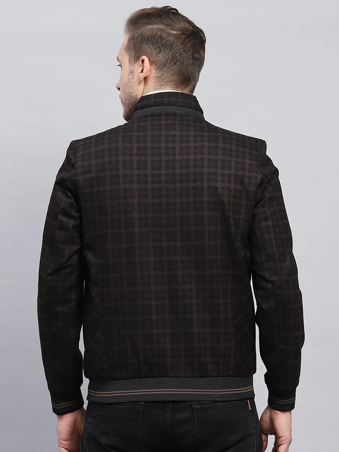Men Brown Check Mock Neck Full Sleeve Jacket - Image 5